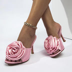 Silk Flower Peep Toe High Heel Slipper Mule Slides for Women