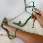 Green High Heels Sandals with Narrow Band Ankle Buckle Strap for Women