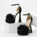 Faux Fur Chunky High Heels Sandals