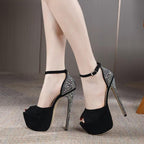 Summer Sexy Peep Toe 16CM Rhinestone Cover Heel Stripper Pole Dance Platform Shoes for Women