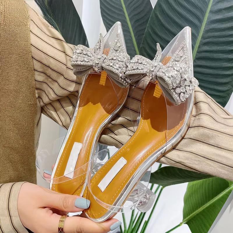Crystal Sequined Bowknot Silver Women Pumps with Low and High Heels for Spring and Autumn