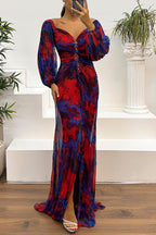 Off Shoulder Bishop Sleeve Jewel Embellished Plisse Abstract Print Maxi Gown