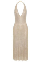 Sequin Halter Neck Deep V-Neck Bodycon Midi Dress