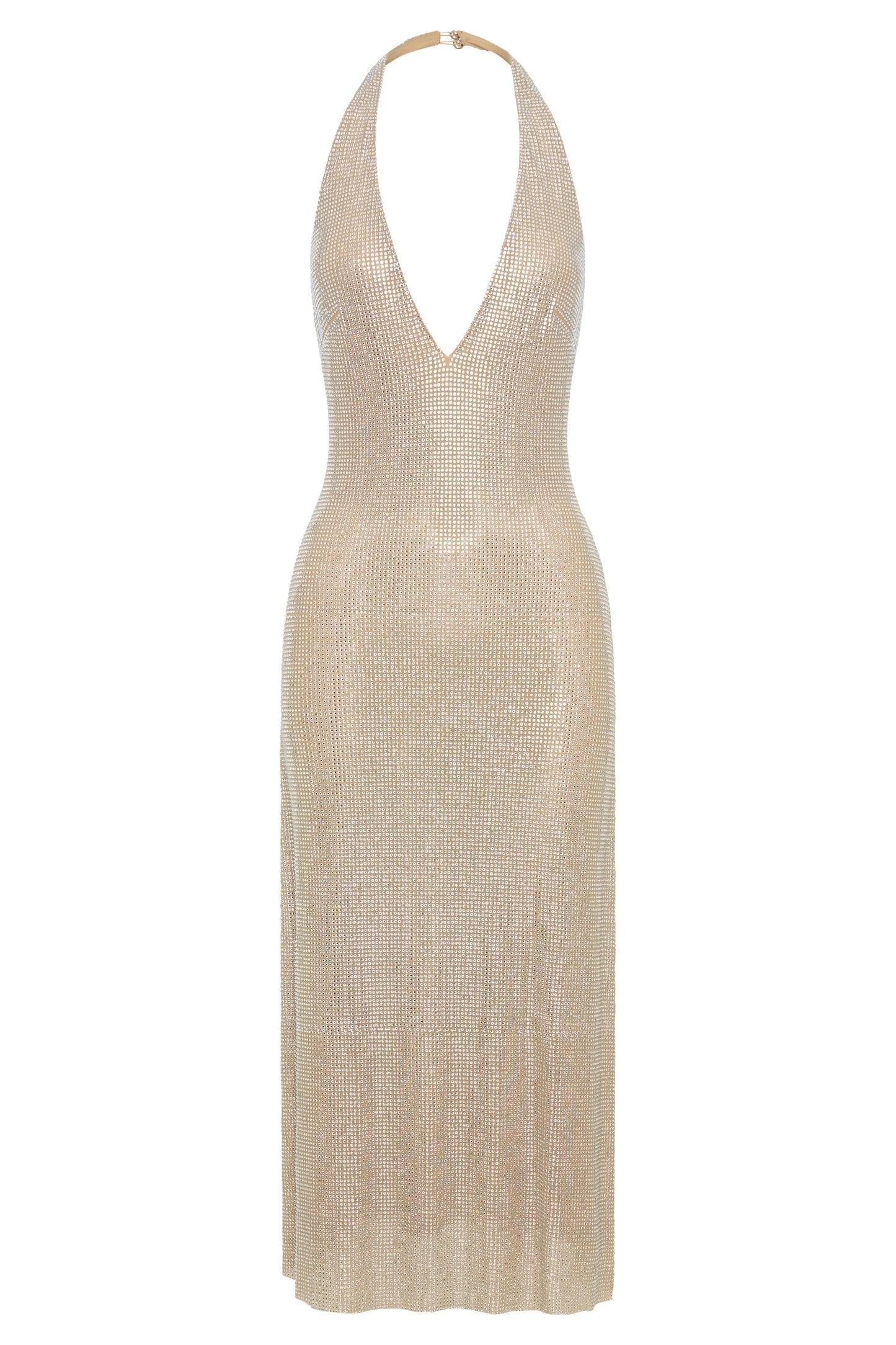 Sequin Halter Neck Deep V-Neck Bodycon Midi Dress