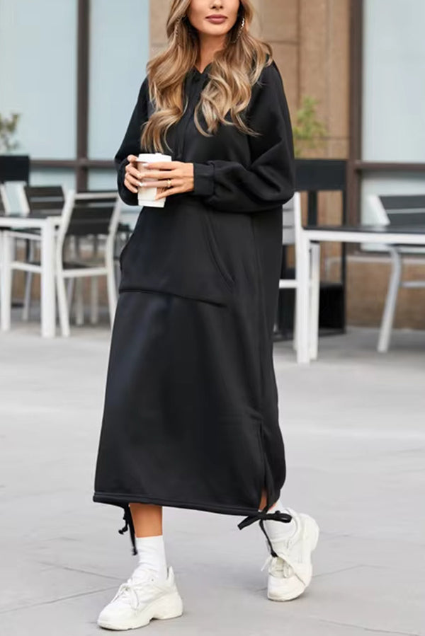 Oversized Hooded Kangaroo Pocket Drawstring Hem Side Slit Midi Sweatshirt Dress