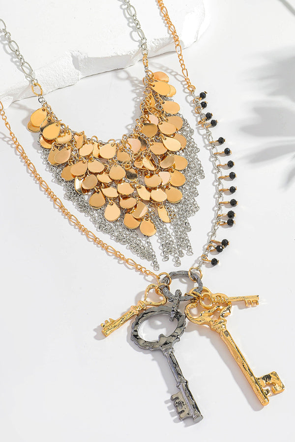 Fashionable Sequined Tassel Key Multi-layer Exaggerated Necklace