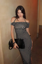 Polka Dot Off Shoulder Halter Strap Bodycon Midi Dress