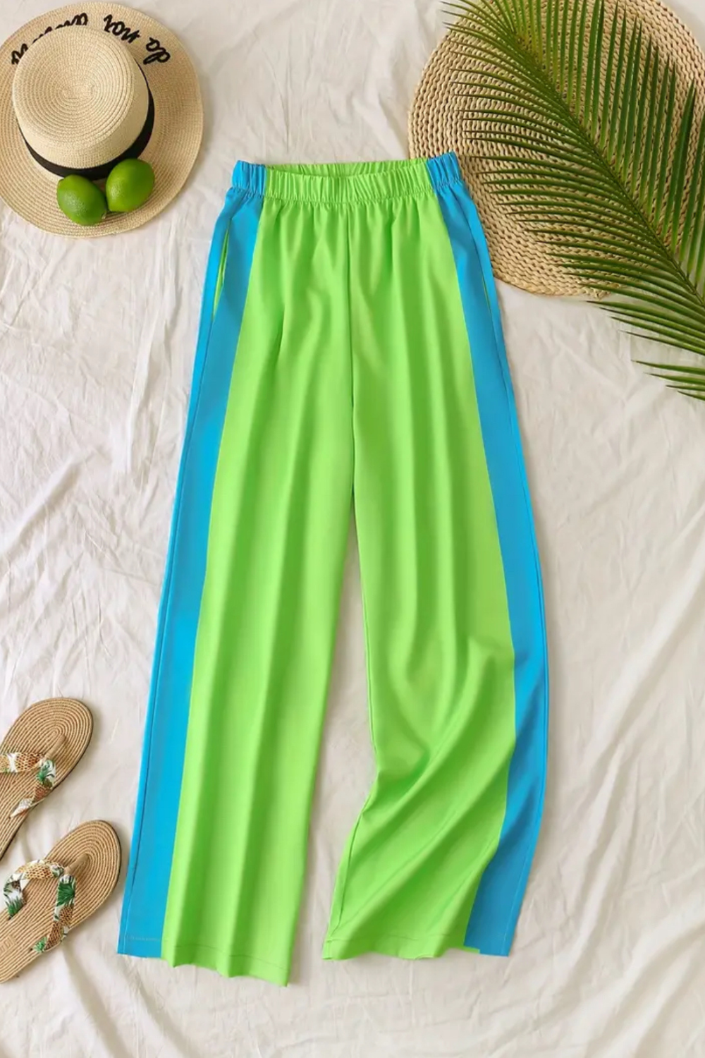 Fun, Bold, Eye-Catching Long Sleeved Elastic Waist Pants Set _ Lime Green and Turquoise