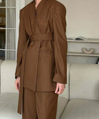 Brown Print V-Neck Lace-Up Pants Office Two Piece Set