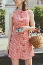 Retro Plaid Print Sleeveless Round Neck Button Casual Mini Dress