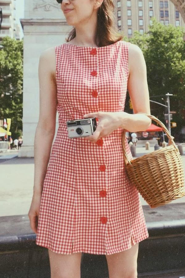 Retro Plaid Print Sleeveless Round Neck Button Casual Mini Dress