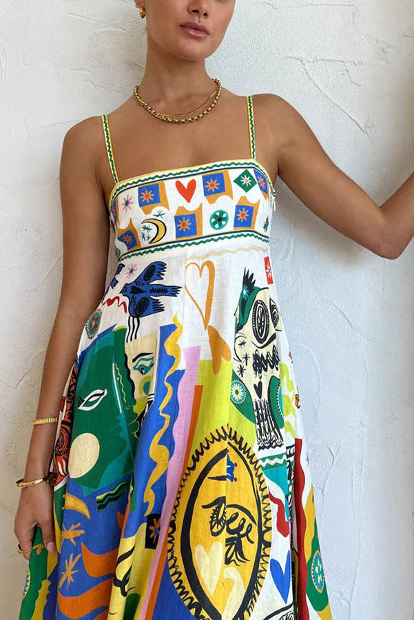 Graphic Print Square Neck Spaghetti Strap Pocket A-Line Maxi Dress