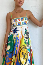 Graphic Print Square Neck Spaghetti Strap Pocket A-Line Maxi Dress