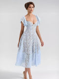 Blue Lace Dress Butterfly Sleeve Sweetheart Neckline Birthday Party A-line Sheer Midi Dress For Women 2026