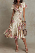 Floral Print V-neck Ruffled Sleeves Waist-cinching Pleated Elegant Midi Dress