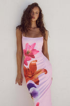Square Neck Spaghetti Strap Oversized Lily Floral Placement Print Bodycon Maxi Dress