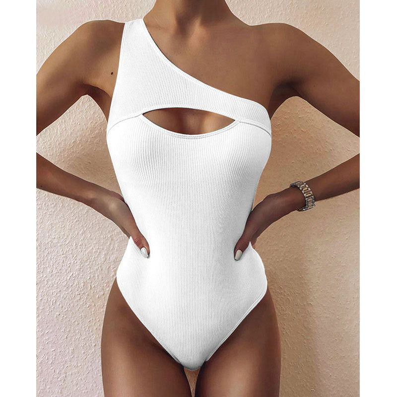 | Solid Color One-Shoulder One-Piece Swimsuit