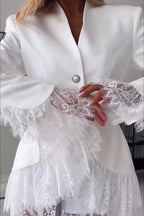 Queen Time Lace Trim V-neck Pearl Buttons Long Sleeve Loose  Blazer