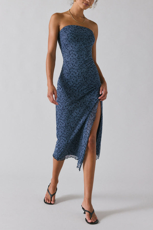Mesh Tie-dye Slit Strapless Maxi Dress