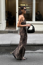 Slim Fit Leopard Print Ruched Waist Maxi Dress