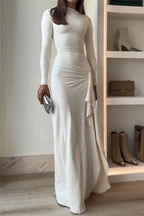 Long Sleeve Crew Neck Side Ruched Cascading Drape Panel Maxi Dress
