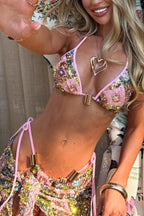 Stylish Sequined Metal Decoration Halter Neck Tie Stretch Bikini Swimsuit and Beach Cover-up Mini Skirt Three-piece Set