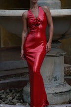 Sequin Deep V-Neck 3D Floral Applique Bodycon Maxi Gown