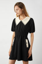 Contrast Scalloped Collar Puff Sleeve Patch Pocket Fit and Flare Mini Dress