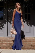 Satin Cowl Neck Ruched Hip Mermaid Hem Maxi Gown