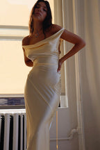 Satin Off Shoulder Cowl Neck Ruched Waist Bodycon Maxi Dress