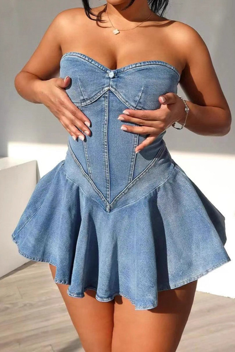 Strapless Denim Bustier Sweetheart Flared Mini Dress