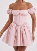 Off Shoulder Puff Sleeve Corset Bodice Basque Waist Mini Dress