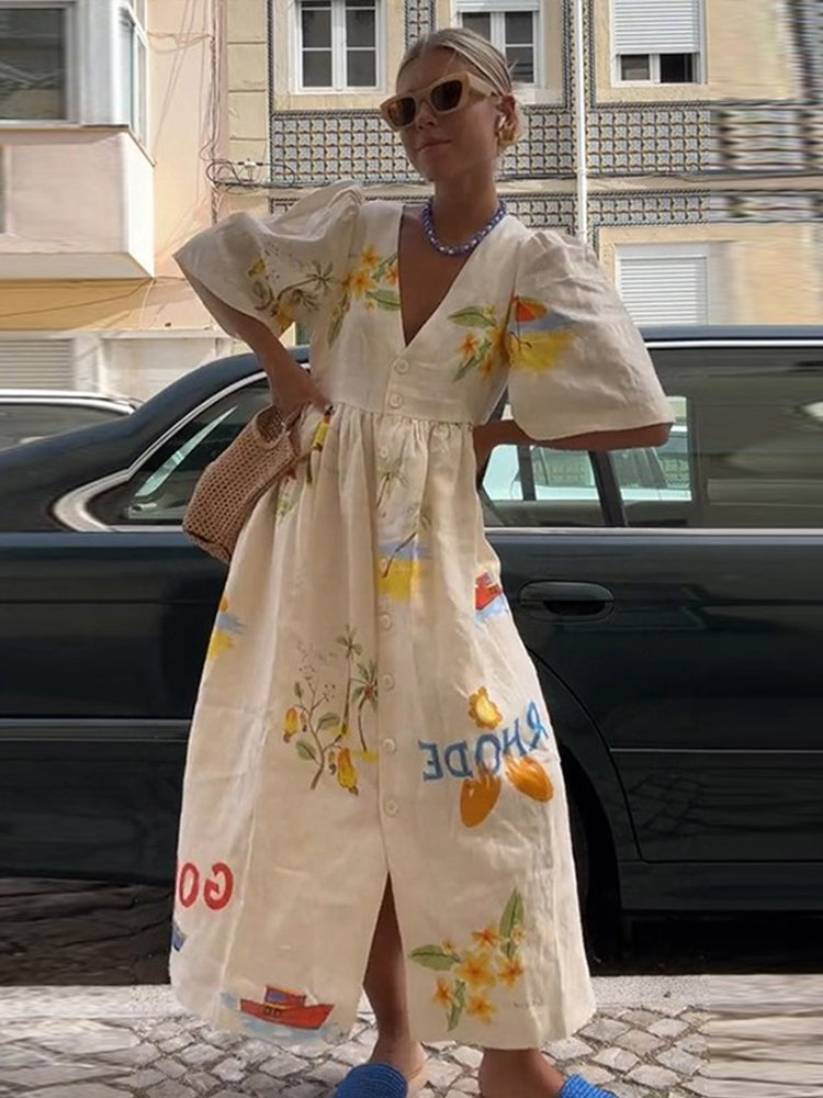 Tropical Graphic Print Puff Sleeve Button Front Empire Maxi Dress
