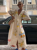 Tropical Graphic Print Puff Sleeve Button Front Empire Maxi Dress