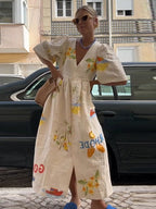 Tropical Graphic Print Puff Sleeve Button Front Empire Maxi Dress