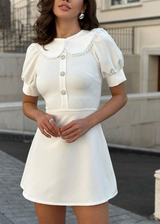 Peter Pan Collar Lace Trim Puff Sleeve Rhinestone Button A-Line Mini Dress