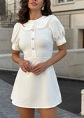 Peter Pan Collar Lace Trim Puff Sleeve Rhinestone Button A-Line Mini Dress
