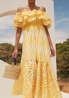 Off Shoulder Eyelet Lace Smocked Tiered Ruffle Maxi Dress