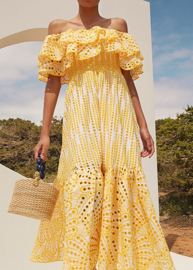 Off Shoulder Eyelet Lace Smocked Tiered Ruffle Maxi Dress