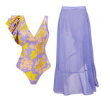 Contrast irregular ruffle leaf pattern one piece swimwear