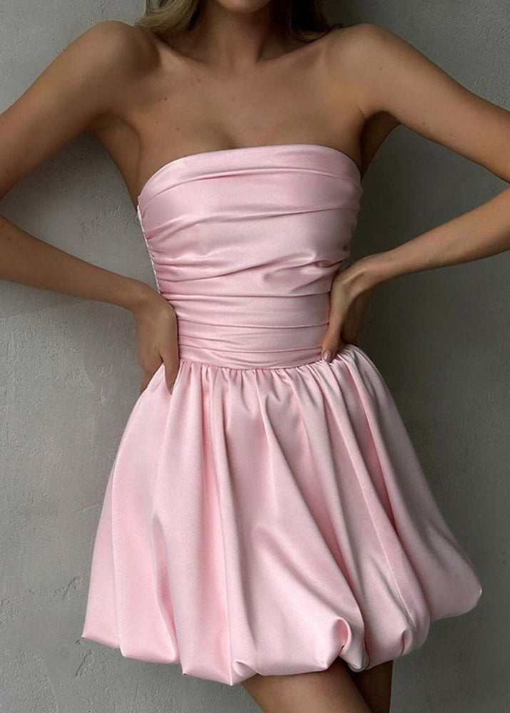 Strapless Ruched Bodice Bubble Hem Pleated Fit and Flare Mini Dress