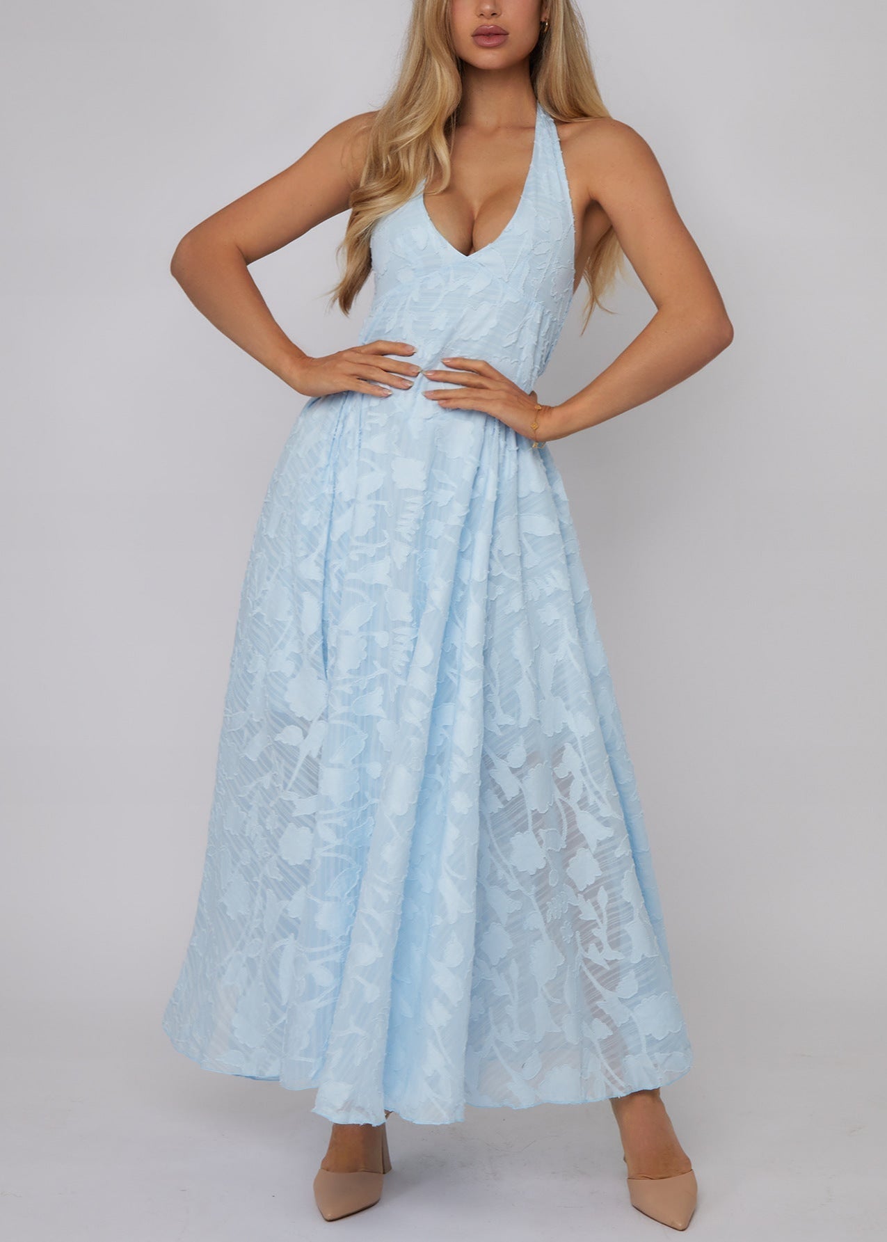 Halter Neck Floral Burnout Deep V Neck Maxi Dress