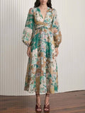 Patchwork Floral Print V-Neck Balloon Sleeve Ruched Waist Midi Dress