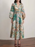 Patchwork Floral Print V-Neck Balloon Sleeve Ruched Waist Midi Dress