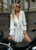 Ruffled Deep V-Neck Long Bell Sleeve Smocked Waist Tiered Mini Dress
