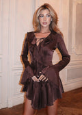 Satin Ruffle Collar Tie Front Bell Cuff Tiered Ruffle Mini Dress