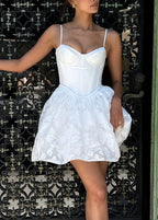 Sweetheart Spaghetti Strap Corset Jacquard Bubble Hem Mini Dress