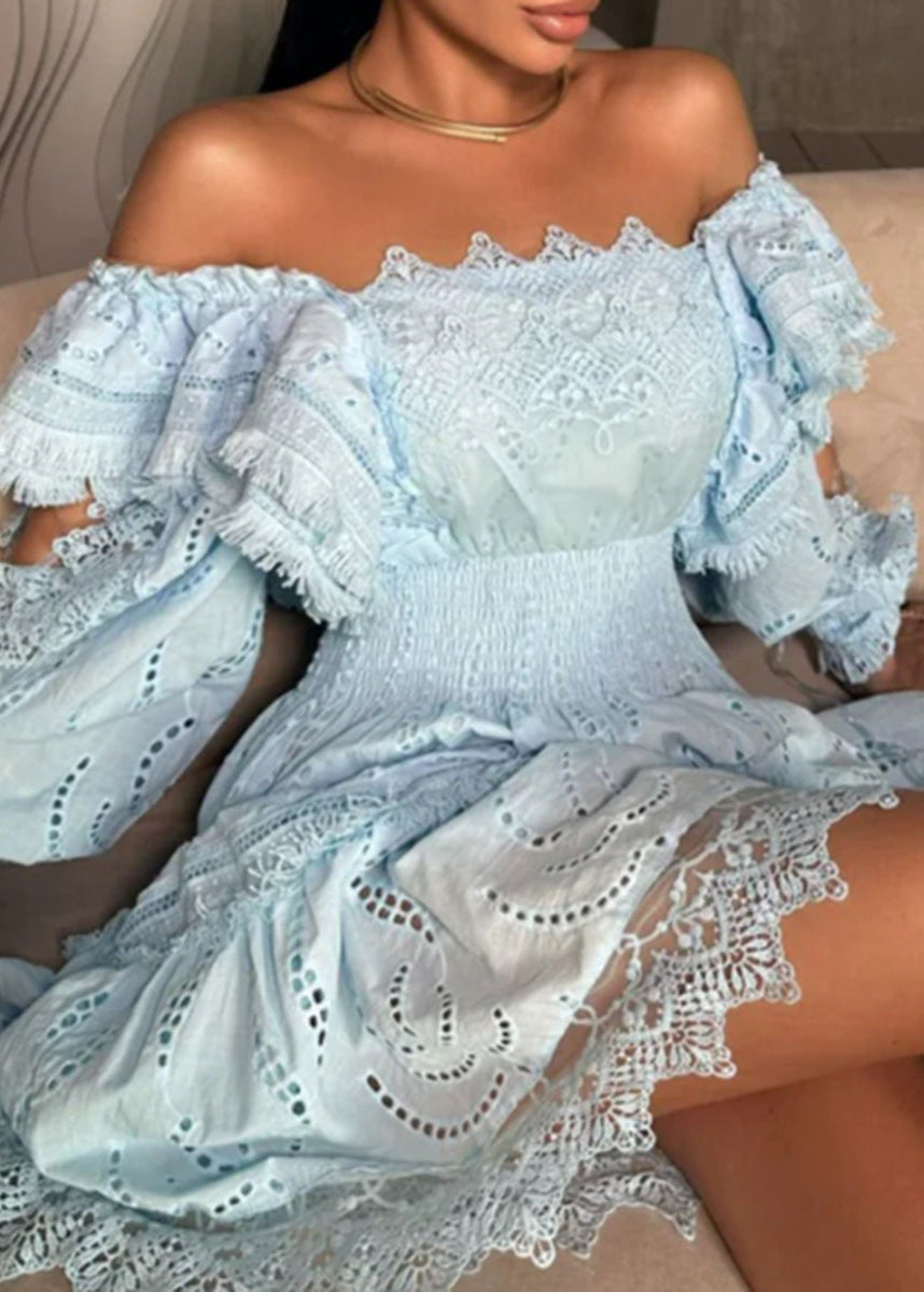 Off Shoulder Eyelet Puff Sleeve Smocked Waist Tiered Lace Mini Dress