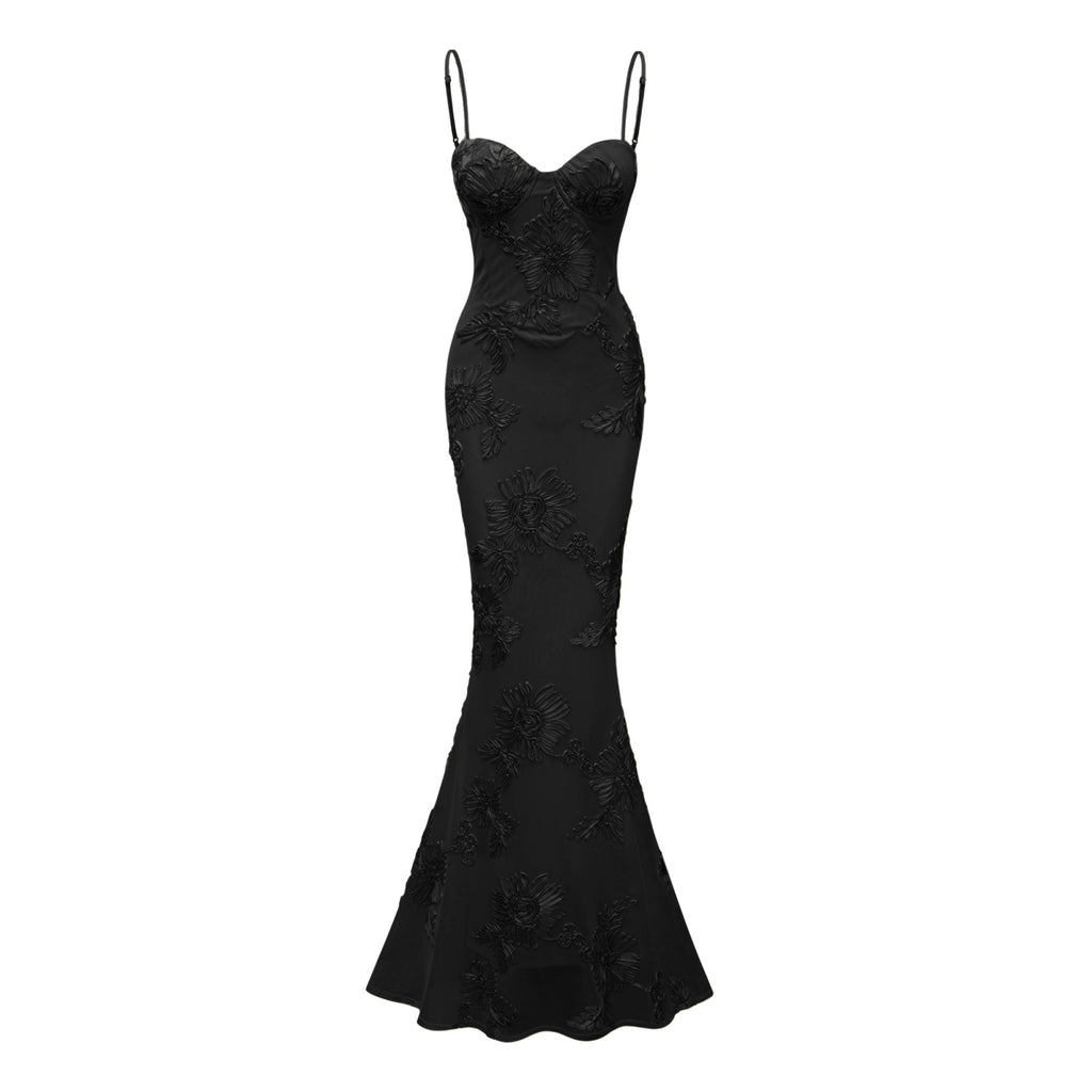 Théoline Black Floral Appliqué Corset Maxi Dress