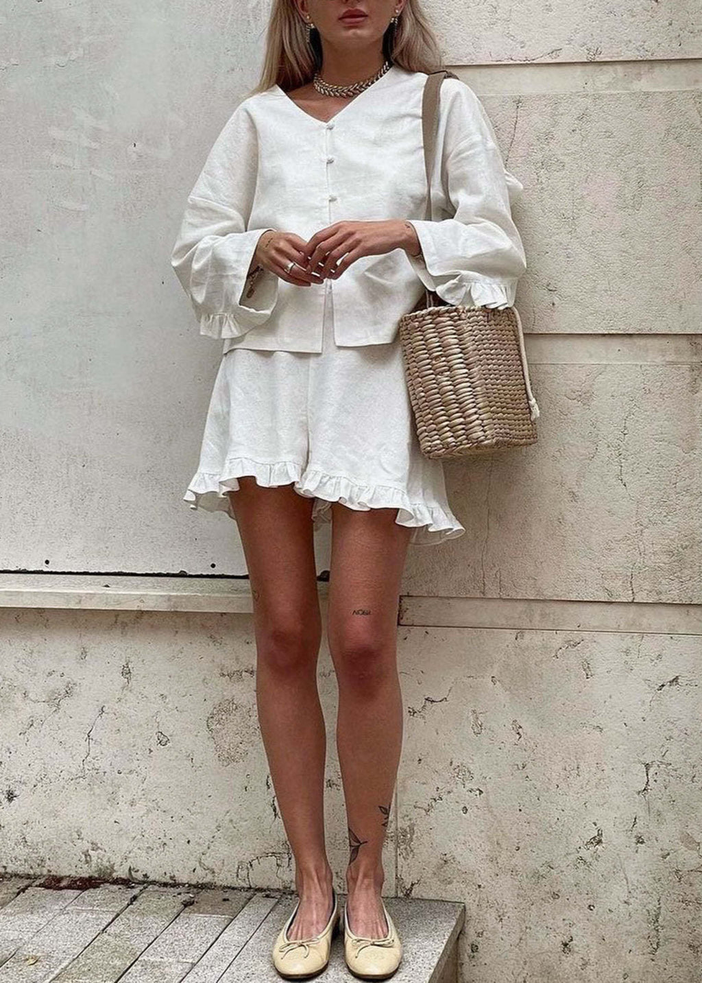 Linen Grace - Two-Piece Ruffle Trim Cotton-Linen Set